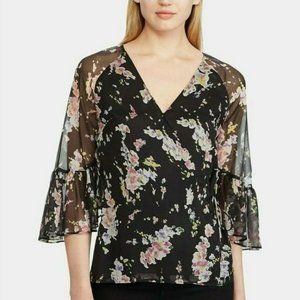 Lauren Ralph Lauren Women's Black Floral Print Georgette Wrap Blouse Size S NWT